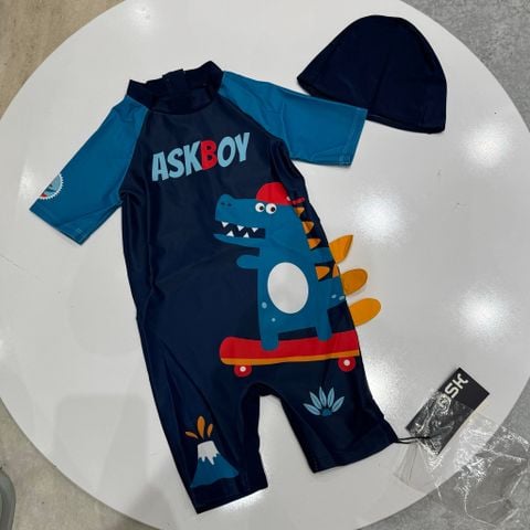 DB00028 - Bộ bơi liền thân kèm mũ màu navy họa tiết khủng long bé trai size 110-160