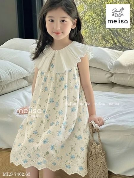 MLSDCC.7462 - Váy Melisa màu xanh hoa nhí cổ bèo trắng size 1-10y