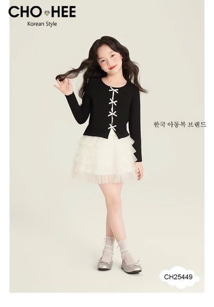 CH25449 - Bộ Cho Hee áo cotton đính nơ + chân váy tutu 2 màu bé gái size 2-11y