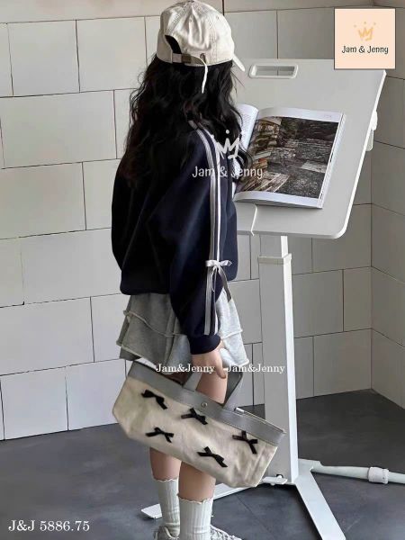 JJ 5886 - Set Jam & Jenny áo navy nơ + chân váy ghi bé gái size 2-12y