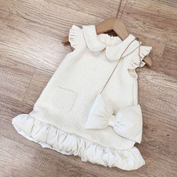 S93 Tiny Winy - Váy dạ phối tay bèo màu kem viền bèo gấu + túi nơ size 1-10y
