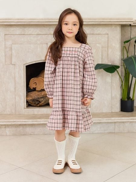 V00154 - Váy bebezoo kẻ caro hồng thêu cherry bé gái size 100-140