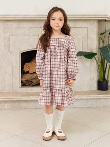 V00154 - Váy bebezoo kẻ caro hồng thêu cherry bé gái size 100-140