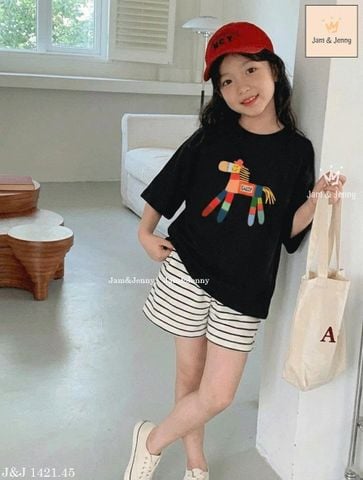 BJJCCĐ.1421 - Bộ Jam & Jenny áo đen ngựa + quần kẻ size 2-12y