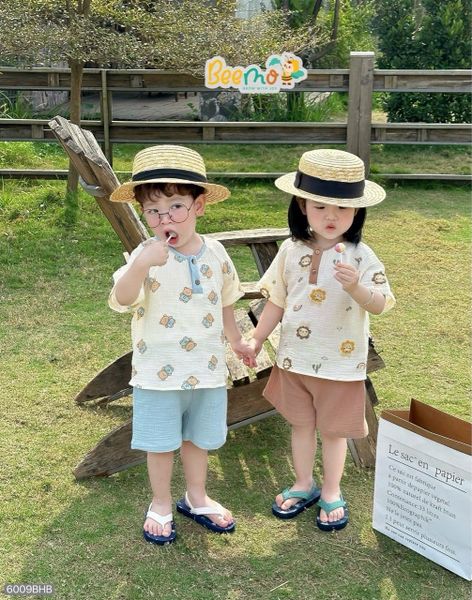 6009BHB - Bộ mặc nhà muslin Beemo áo họa tiết quần trơn size 1-5y
