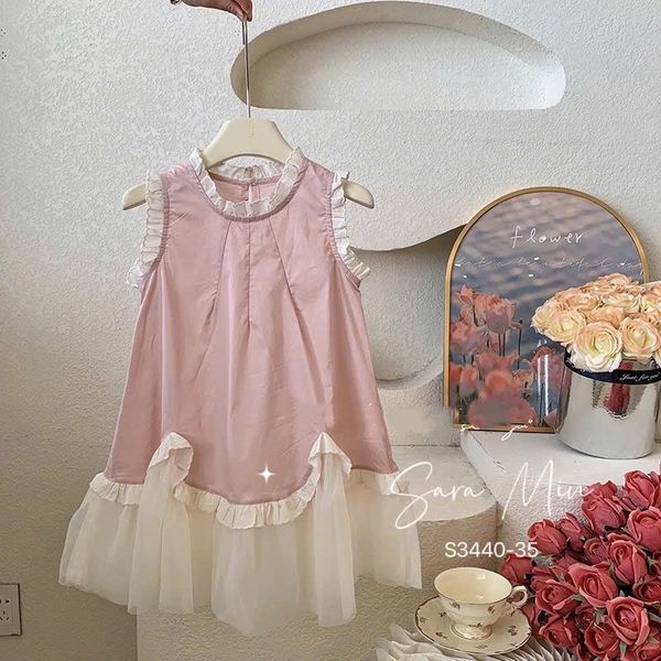 S3440 - Váy Sara Min thô cotton mix chân ren mềm 2 màu hồng/xanh bơ bé gái size 2-12y