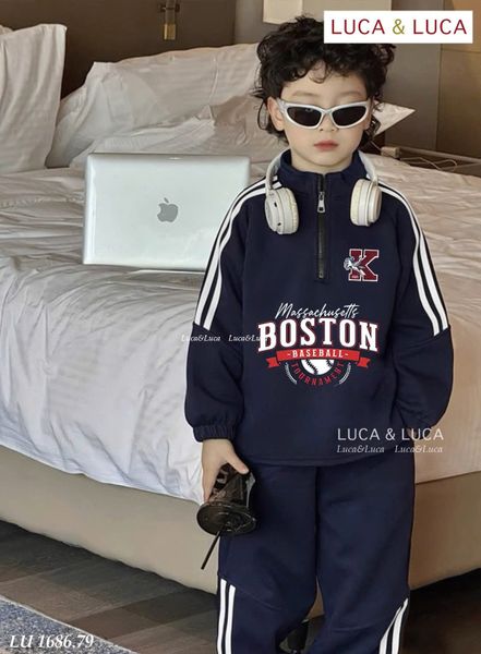 Lu 1686 - Bộ nỉ hai da Luca Boston cổ kéo khóa màu navy bé trai size 2-12y
