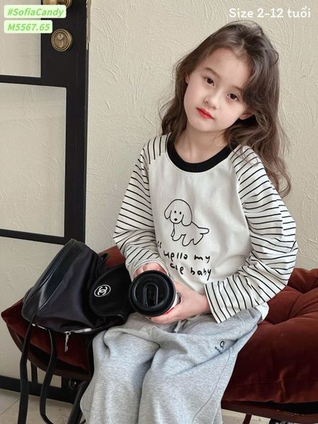 M5567 - Bộ Mia Kids áo cotton trắng cún phối tay kẻ đen - quần nỉ màu ghi size 2 - 12y