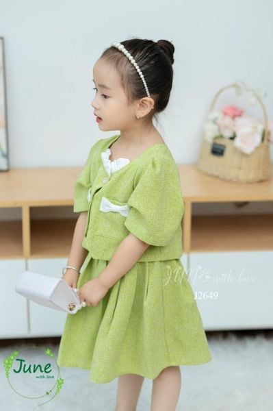 V00167 - Set áo váy dạ text June with love màu xanh 1-10y