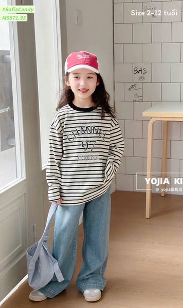 M5571 - Bộ Mia Kids áo thun kẻ ngang + quần jean mềm cho bé size 2-12y