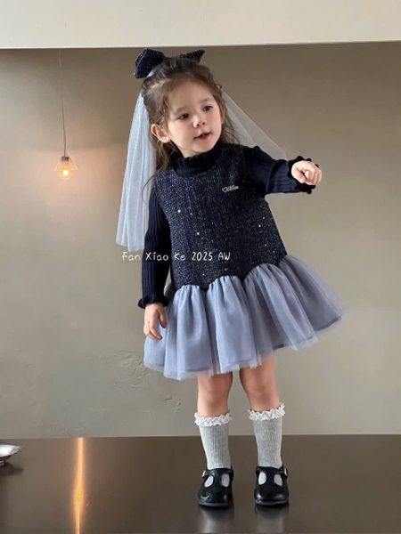 F25197 - Set 3ct QC Fanxiaoke áo len tăm + váy kèm kẹp nơ bé gái xanh/đỏ size 80-120