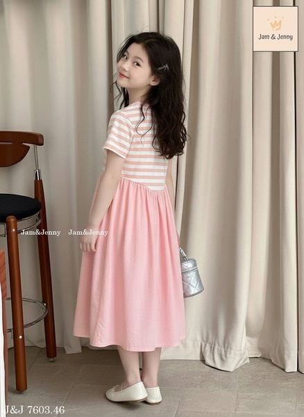 JJDCC.7603 -Váy Jam & jenny thân kẻ in nơ hồng + chân váy hồng xòe size 2-12y