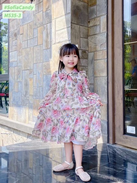 V00079 - Váy voan tơ dài tay buộc nơ cổ 10 màu hoa