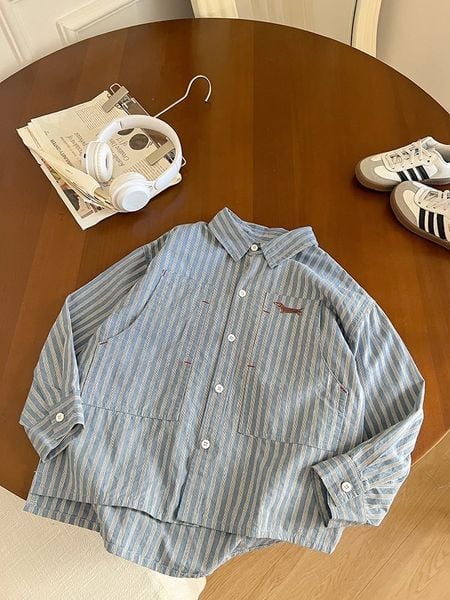 ABT14 - Áo sơ mi kẻ xanh thêu cún cho bé trai size 110-170