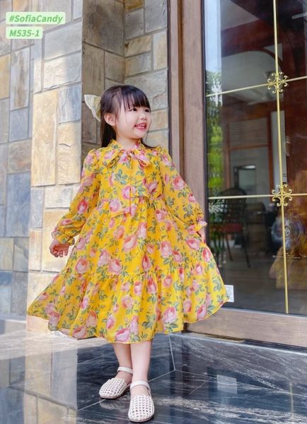 V00079 - Váy voan tơ dài tay buộc nơ cổ 10 màu hoa