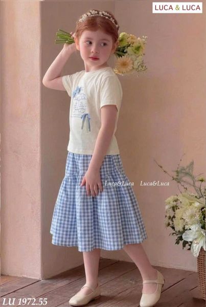 LUBCC.1972 - Set bộ trẻ em Luca & Luca áo trắng + chân váy caro xanh size 6-12y