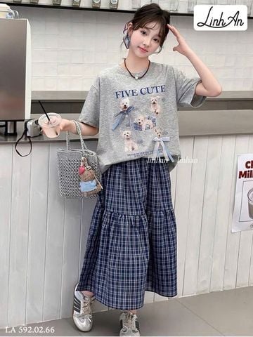 BLACC.592 - Set bộ Linh An áo in cún đính nơ + chân váy kẻ caro xanh size 2-12y