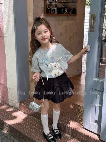 LC1646 - Set bộ Lennco áo in cún đính nơ + chân váy bí size 1-10y