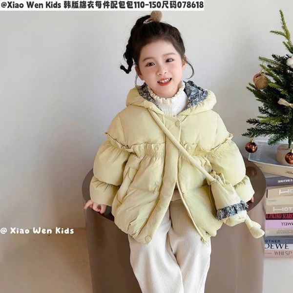 AK10 - Áo khoác phao mũ nơ kèm túi lót hoa nhí 3 màu cho bé size 110-150