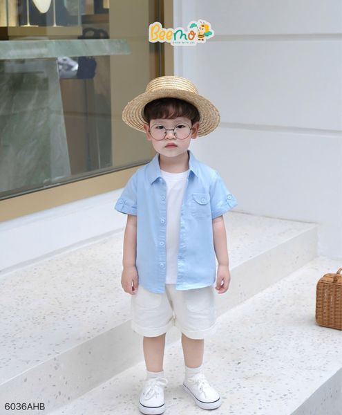 6036AHB - Áo sơ mi Beemo cổ đức, túi cách điệu size 1-6y