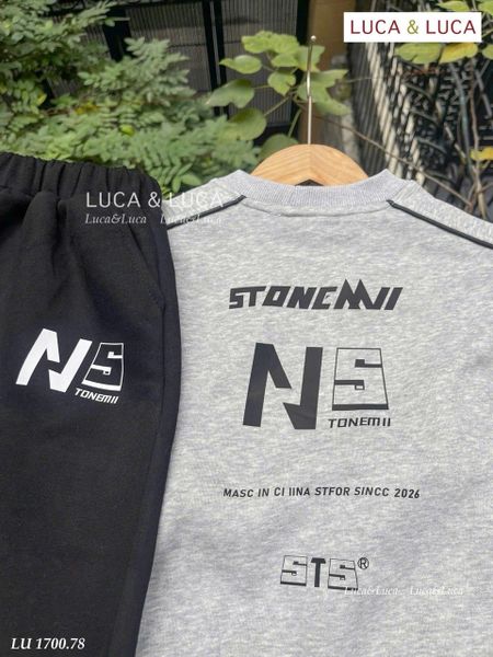 LU 1700 - Bộ nỉ Luca áo ghi in chữ 2 mặt + quần đen size 2-12y