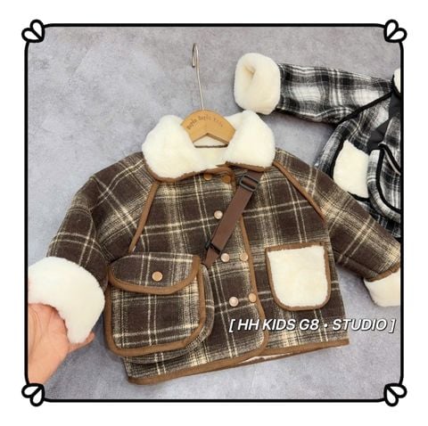 25222 - Áo khoác dạ kẻ kèm túi lót lông cừu cho bé size 90-130