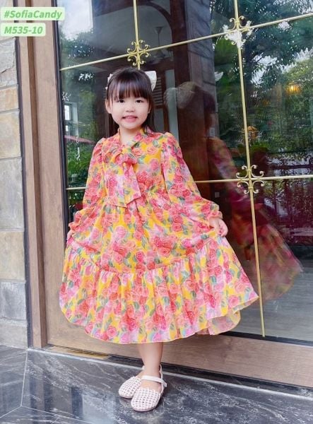 V00079 - Váy voan tơ dài tay buộc nơ cổ 10 màu hoa