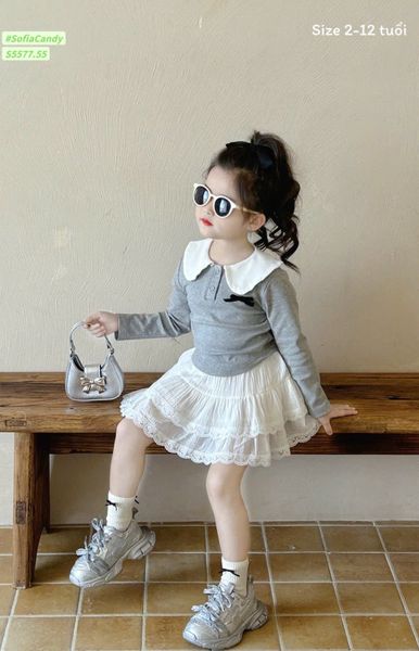 S5577 - Set bộ Sofia Candy áo ghi cổ trắng + chân váy tầng ren trắng size 2-12y