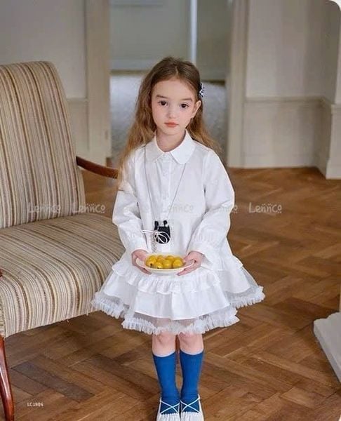 V00004 - Váy sơ mi thô phối chân voan 2 màu trắng / xanh size 12m - 10y