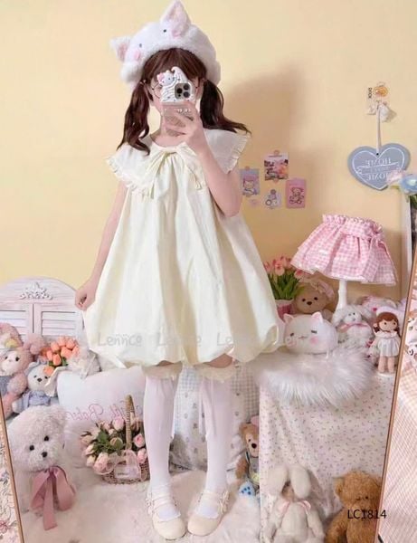LC1814 - Váy bí Lennco cổ nơ bèo to 2 màu xanh/kem cho bé size 1-10y