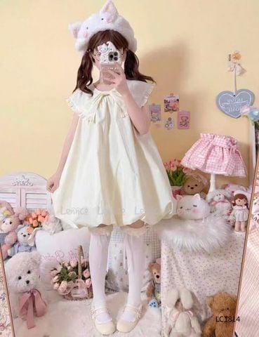 LC1814 - Váy bí Lennco cổ nơ bèo to 2 màu xanh/kem cho bé size 1-10y