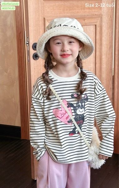 M5574 - Set bộ Mia Kids áo kẻ đen + quần nỉ hồng bé gái size 2-12y