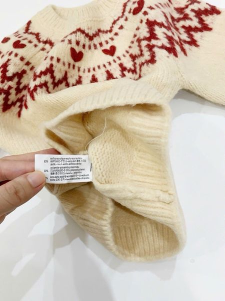 ALBG07 - Áo len màu be hoạ tiết thổ cẩm đỏ bé gái size 1-6y