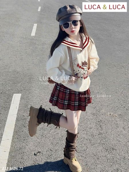 Lu 1626 - Bộ Luca áo cổ thủy thủ kitty + chân váy kẻ caro đỏ bé gái size 2-12y