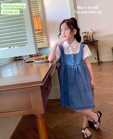 V00039 - Váy Sofia Candy jean phối cổ sơ mi trắng có tay size 2-12y