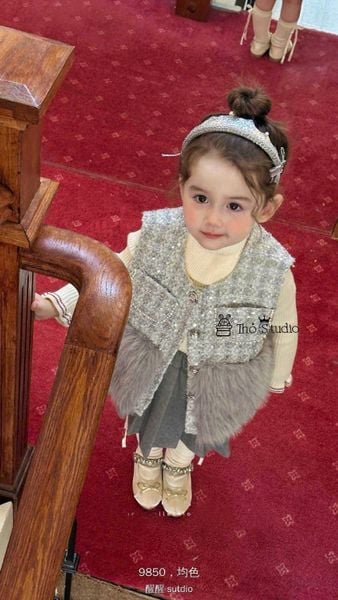 9850 - Set 2ct áo gile dạ lông xanh + chân váy xếp ly size 90-130