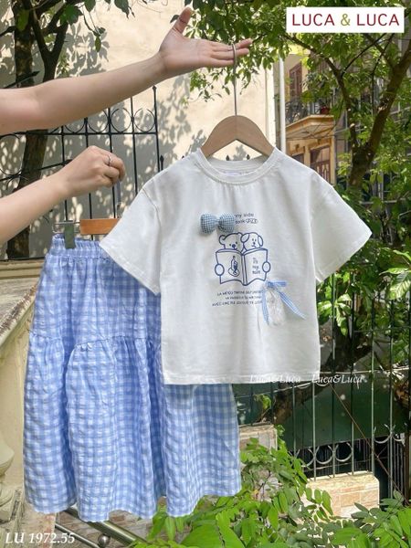 LUBCC.1972 - Set bộ trẻ em Luca & Luca áo trắng + chân váy caro xanh size 6-12y