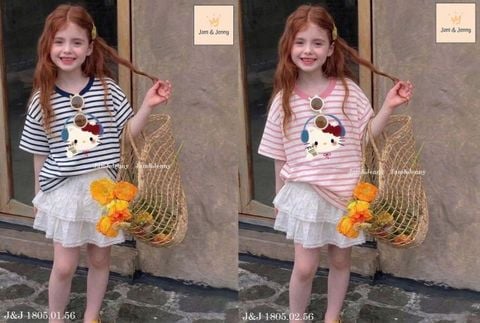 JJBCC.1805 - Bộ Jam & Jenny áo kitty kẻ + chân vay 2 màu size 2 - 12y