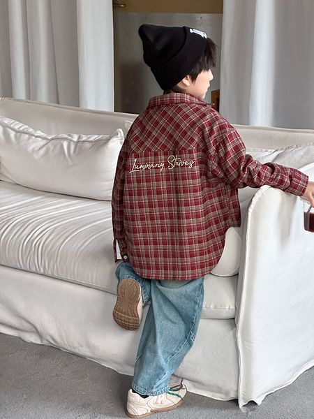 25F136 - Áo sơ mi AMBB vải dạ mềm kẻ nâu đỏ bé trai size 110-170