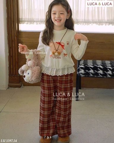 Lu 1597 - Bộ bé gái Luca áo dài tay in gấu phối ren + quần dài kẻ size 2-12y