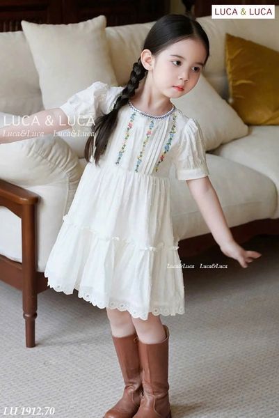 LUDCC.1912 - Váy Luca & Luca trắng babydoll ngực thêu hoa phối ren size 2-11y