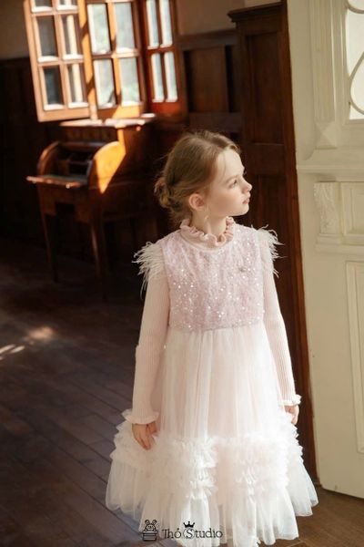 P2539631 - Set áo len + váy đính lông hồng bé gái size 110-150