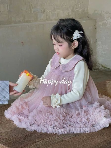 B25067 - Set áo len + váy công chúa đính tim màu hồng cho bé size 90-130