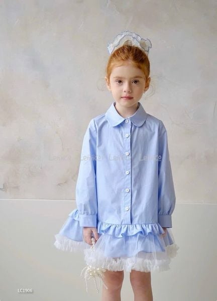 V00004 - Váy sơ mi thô phối chân voan 2 màu trắng / xanh size 12m - 10y