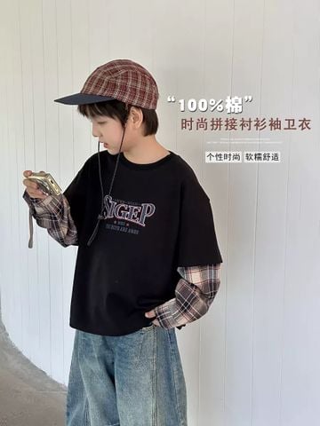 25G114 - Áo thun màu đen tay phối kẻ caro bé trai size 110-160