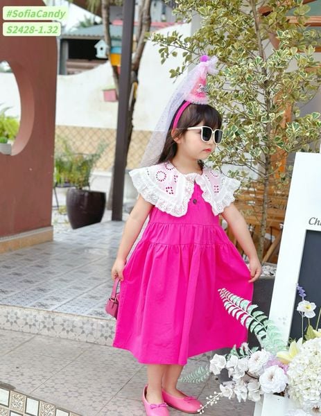 V00034 - Váy Sofia Candy tiểu thư trơn sắc màu phối cổ thêu trắng size 2-12y