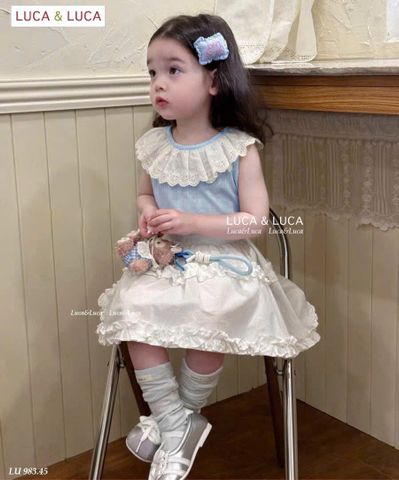LU 983 - Set áo sát nách thun tăm màu xanh phối cổ ren trắng + chân váy thô trắng size 2 - 12y
