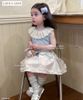 LU 983 - Set áo sát nách thun tăm màu xanh phối cổ ren trắng + chân váy thô trắng size 2 - 12y