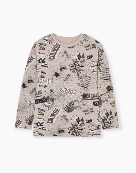 ABT25 - Áo cotton in chữ vẩy sơn 2 màu be / ghi đen size 2 - 8y