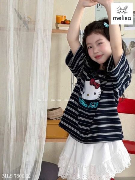 MLSBCC.7806 - Bộ Melisa áo kẻ in hello kitty + chân váy trắng ren size 2-12y